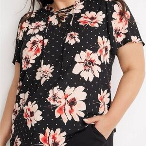 Maurices Floral Lace Up Black Polka Dot Flutter Short Sleeve Blouse Size 1X